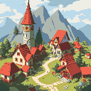 a village with red-roofed houses and a tip
