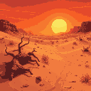 a desert, with the remains of dead animals, a very hot sun, and a trail.