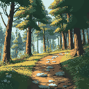 a forest in profile, during the day with trees, a dirt trail, some stones on the path, and some flowers and grass.