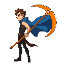 a man in profile with an orange scythe, a blue cape, black pants with a belt, a sleeveless blouse, and fiery eyes.