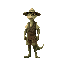 medieval   reptilian humanoid style  human posture  man  wearing a hat  standing  tall  wearing clothes  with a clear walking posture. designed for a retro-style farm simulation game.