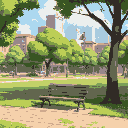 park, with a bench, trees and buildings in the background