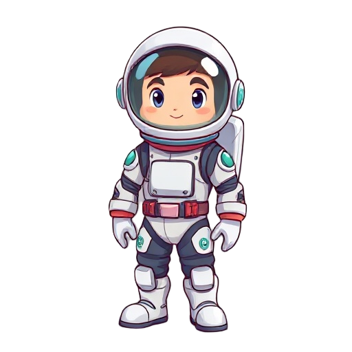 a short and chubby 2d astronaut character, wearing a unique and futuristic space suit with unusual shapes and patterns. the design should look hand-drawn or cartoon-style, not realistic. the helmet is large and round, with a shiny visor. use bold, clean l