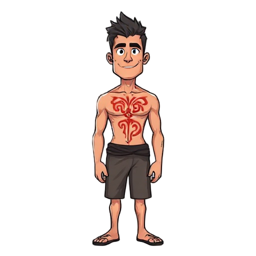 e is shirtless, showing a red tribal tattoo on his chest. he wea
