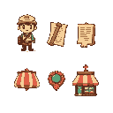 6 icons: player (messenger icon style), quest (papyrus with writings), setting (gear), emblem (medal), group (same as player, but 3 smaller), shop. all should be simple, with few details, colored in p