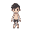 humanoid character viewed from a top-down perspective, designed in a simple, minimalistic rpg style. the character should have a larger, rounded head relative to the body, short arms, and small legs