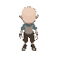 humanoid character viewed from a top-down perspective, designed in a simple, minimalistic rpg style. the character should have a larger, rounded head relative to the body, short arms, and small legs