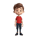 a simple character with a large head, short brown hair, a red shirt, dark blue pants, and black shoes. minimalist style with subtle details for contrast and clear readability