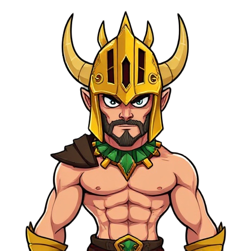 a fantasy warrior with a muscular, bare-chested upper body wearing a green and gold decorative collar. the warrior wears a large, ornate golden helmet with vertical slits and several horn-like protrus