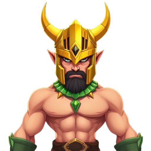 a fantasy warrior with a muscular, bare-chested upper body wearing a green and gold decorative collar. the warrior wears a large, ornate golden helmet with vertical slits and several horn-like protrus