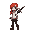  sprite, side scroller, female, redhead, green eyes, sword on the back, white shirt with red, black pants, brown boots, full body
