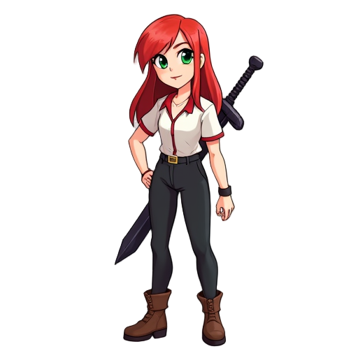  sprite, side scroller, female, redhead, green eyes, sword on the back, white shirt with red, black pants, brown boots, full body