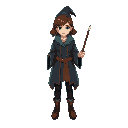 young female wizard in the style of harry potter for a videogame like stardew valley with a wand in the right hand