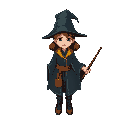 young female wizard in the style of harry potter for a videogame like stardew valley with a wand in the right hand and both hands