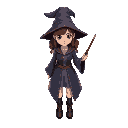 young female wizard in the style of harry potter for a videogame like pokemon with a wand in the right hand