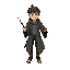 young male wizard in the style of harry potter for a videogame like pokemon with a wand in the right hand
