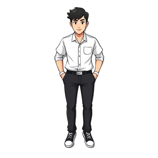 character with shirt white and black pants, make hum right slide with animations walking