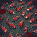 many dead fish in a pond with blood