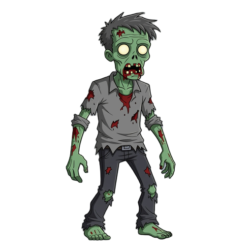 zombie, facing right.  rotting gray-green skin, tattered shirt, torn dark pants, and bare feet.  messy patches of hair, empty glowing eyes, and bloodstains on clothes.  arms hanging loosely, posture slightly hunched forward, giving a mindless undead look.