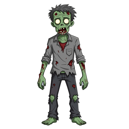 zombie, facing right.  rotting gray-green skin, tattered shirt, torn dark pants, and bare feet.  messy patches of hair, empty glowing eyes, and bloodstains on clothes.  arms hanging loosely, posture slightly hunched forward, giving a mindless undead look.