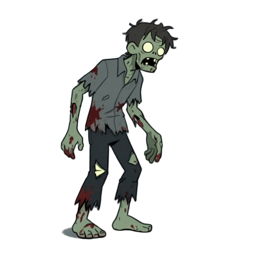 zombie, facing right.  rotting gray-green skin, tattered shirt, torn dark pants, and bare feet.  messy patches of hair, empty glowing eyes, and bloodstains on clothes.  arms hanging loosely, posture slightly hunched forward, giving a mindless undead look.