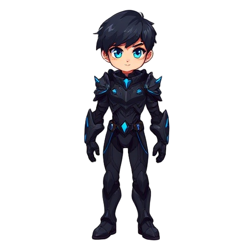 2d sprite of a character with short black hair and striking blue eyes, wearing a sleek, black armor with bright blue accents. the armor should be aerodynamic and lightweight, emphasizing