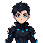 2d sprite of a character with short black hair and striking blue eyes, wearing a sleek, black armor with bright blue accents. the armor should be aerodynamic and lightweight, emphasizing