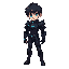 2d sprite of a character with short black hair and striking blue eyes, wearing a sleek, black armor with bright blue accents. the armor should be aerodynamic and lightweight, emphasizing