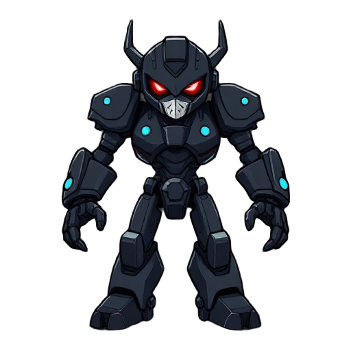 beat em up robot character. dark composition, with some white and blue details. red eyes glowing. evil.