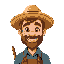 a farmer, straw hat, pitchfork, smiling
