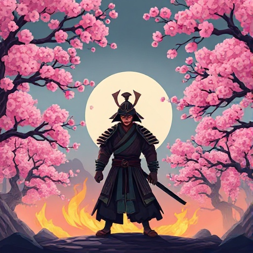 the cherry blossom trees sway slightly, but the focus is on the animated fire. the samurai remains completely still, creating a calm and meditative mood.