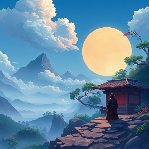 crie uma paisagem onde um samurai descansa perto à uma fogueira, coloque arvores de cerejeira por perto, vista superior, anime apenas a fogueira