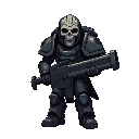 space marine inspired caracter, with a skull on the helmet, dark armor and big weapon. front view