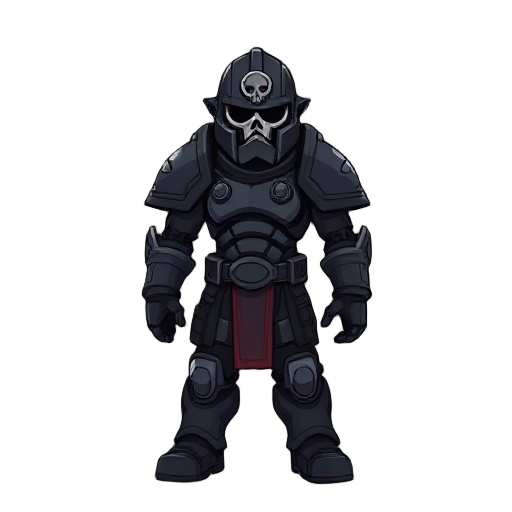 inspired from space marines, i want it a carater with darker armor, a skull on the cest and helmet, face view, profile view, and back view