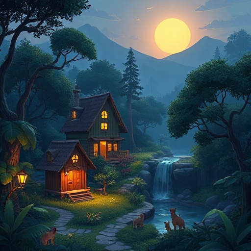 uma vila escondida na floresta durante o pôr do sol, com pequenas cabanas de madeira iluminadas por lamparinas, árvores altas cercando o lugar, uma cachoeira tranquila ao lado e animais da floresta observando em silêncio