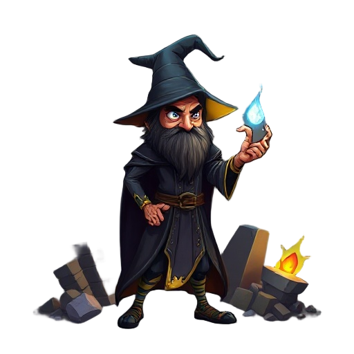 “wizard arcano de corpo inteiro com rosto de corvo real — bico alongado, penas pretas com reflexos azuis, não é máscara. olhos âmbar incandescentes. manto negro pesado com bordas gastas, runas luminosas discretas, cajado de madeira escura com cristal etér