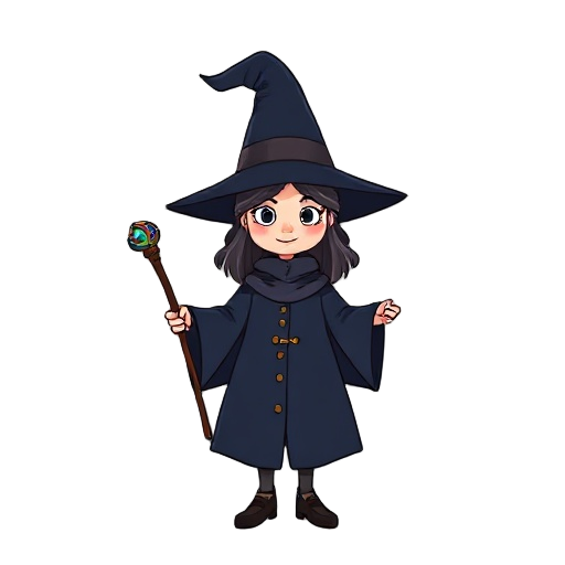 a witch, with a dark blue coat and a dark brown wand, simple and clean