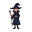 a witch, with a dark blue coat and a dark brown wand, simple and clean