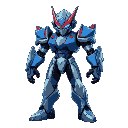 a sleek humanoid robot warrior with a futuristic design, wearing blue and silver armor with red highlights. he has a sharp, angular helmet with a glowing blue visor. his body is agile, equipped with a