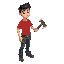 a black-haired young man in a red t-shirt standing with an axe in his hand because he is a builder 
