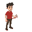 a black-haired young man in a red t-shirt standing with an axe in his hand because he is a builder 