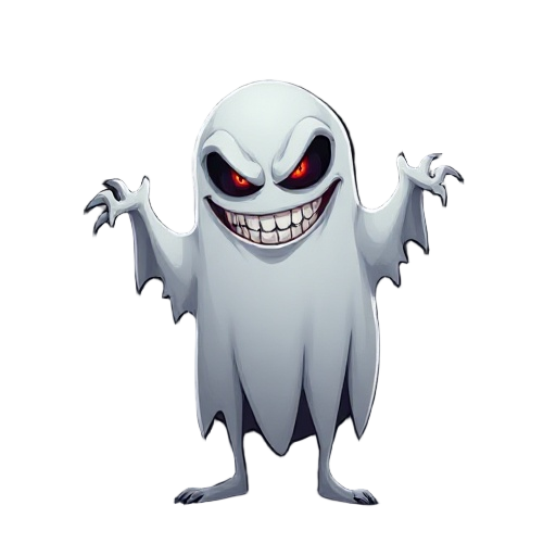 create a terrifying ghost for a dark and melancholic world, with an evil smile and colors that evoke fear.