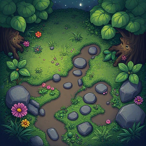 quero um tileset de floresta com um tema noturno, quero grama, terra, divisa entre a grama e a terra mas 8 direções e quero alguns com detalhes como flores, pedras e cogumelos.
