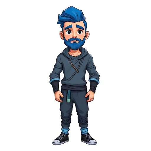 homem branco(24 anos de idade),sem barba, de cabelo longo azul, usando um sobretudo cinza com detalhes azuis
