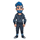 homem branco(24 anos de idade),sem barba, de cabelo longo azul, usando um sobretudo cinza com detalhes azuis