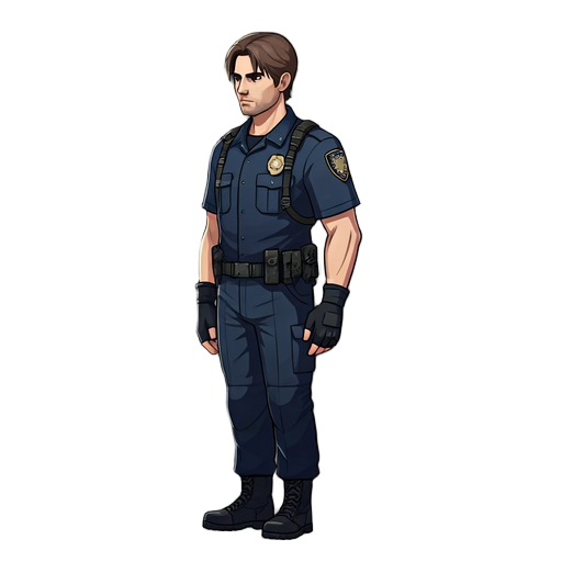 pixel art, side view, police officer wearing leon s. kennedy's (resident evil 2) outfit: dark blue rpd uniform with shoulder straps, fingerless gloves, combat boots, and utility be