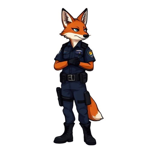 pixel art, side view, anthropomorphic fox police officer wearing leon s. kennedy's (resident evil 2) outfit: dark blue rpd uniform with shoulder straps, fingerless gloves, combat boots, and utility be
