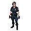 "pixel art, side view, beautiful female police officer wearing leon s. kennedy's resident evil 2 outfit: dark blue rpd uniform with shoulder straps, fingerless gloves, combat boots, and utility belt. 