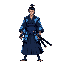 blue-themed samurai warrior, black kimono with blue floral patterns, glowing katana, short black hair, serious expression, moonlight color palette, mystical energy aura, traditional japanese style, slim legs, slender,