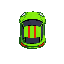 top-down view of a car sprite, oriented so that the back of the car faces the player. the car is green with two red stripes running along the roof. clean pixel-art style, simple shading, suitable for a retro racing game.